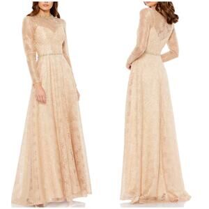 Mac Duggal NWT Long Sleeve Floral Lace Gown Size 16 Rose Pink Yellow Jeweled